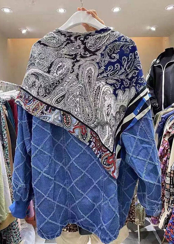 WW | Blue Button Patchwork Print Long Sleeve Coats
