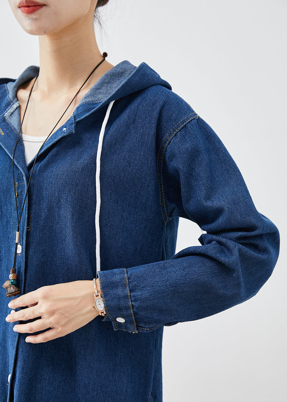 WW | Blue Hooded Button-Down Denim Trench Coats