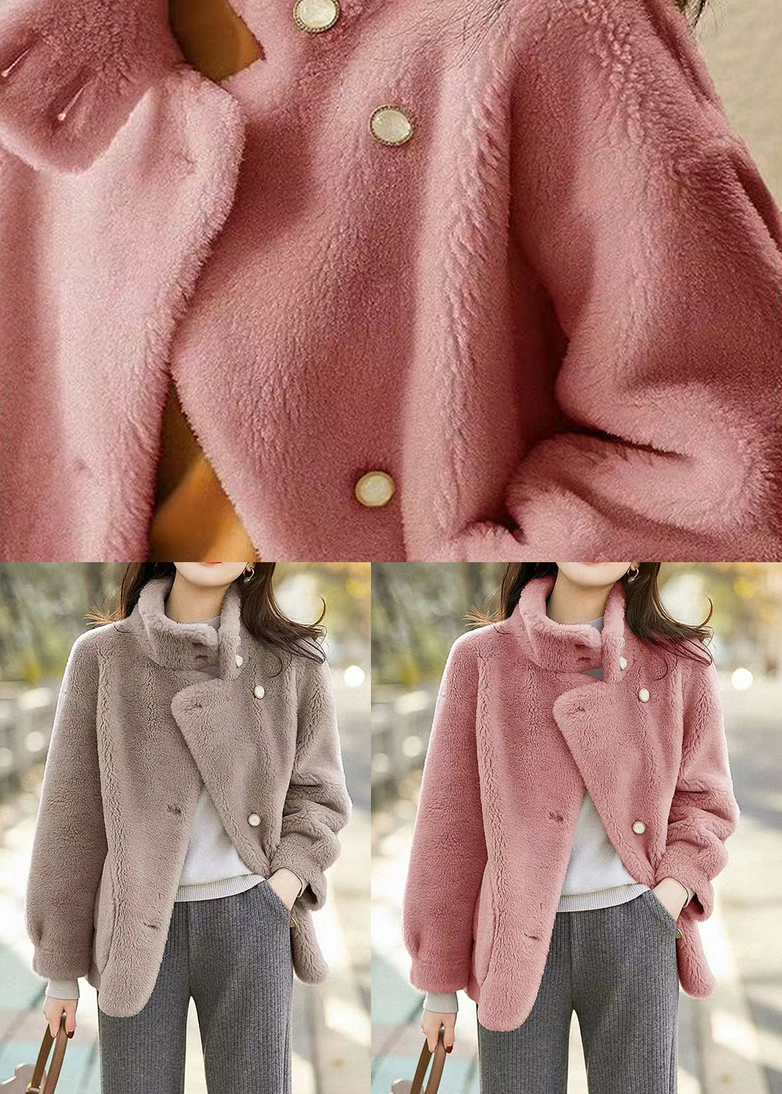 WW | Pink Stand Collar Pockets Patchwork Wool Jackets Winter