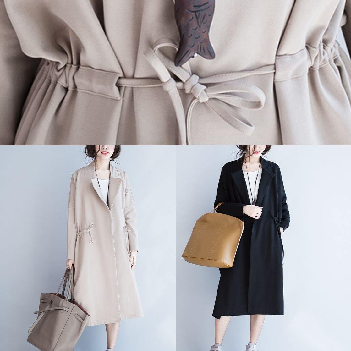 WW | Square Collar Drawstring Fashion Women's Black Knee-Length Jackets