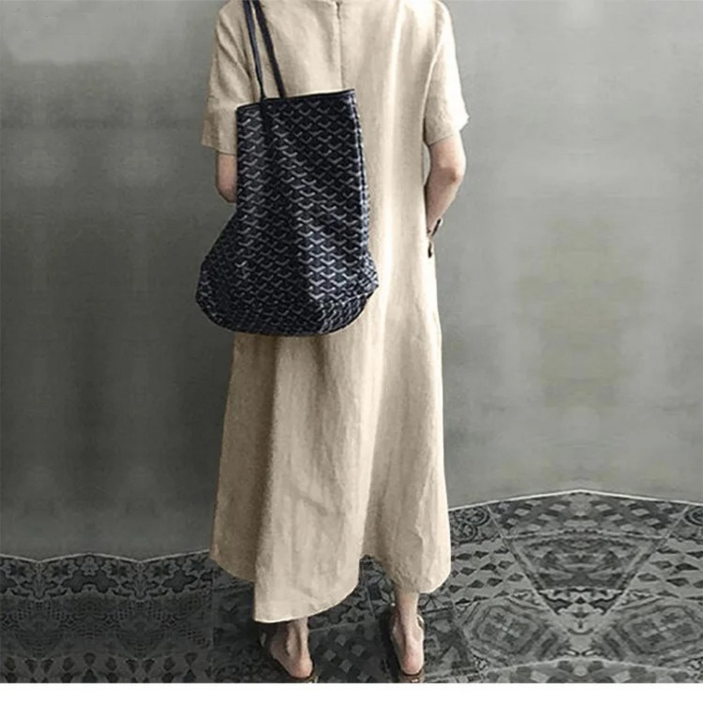 WW | Schlank Bequem Leinenkleid mit V-Ausschnitt