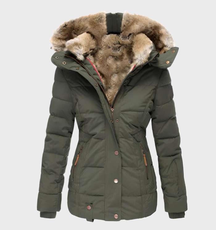 WW | Damen Wasserabweisende Gepolsterte Winterjacke mit Kapuze und Kunstpelzfutter