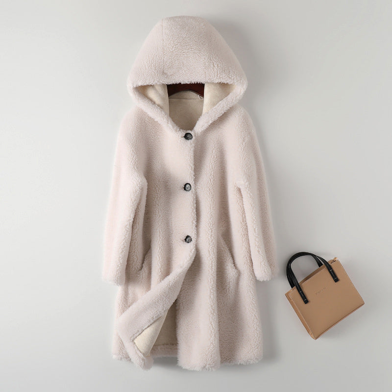 WW | Women's Teddy Coat – Oversized Fit – With Hood – Button Closure – Mid-Length Warm Outerwear