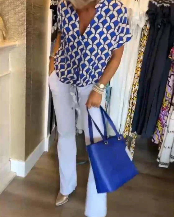 WW | Top Women's Loose Fit V-Neck Short Sleeve Blouse