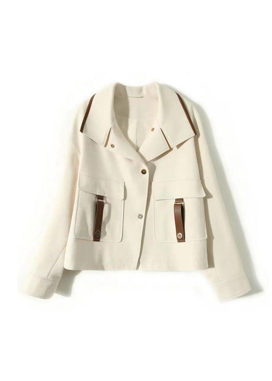 WW | Beige Peter Pan Collar Pockets Patchwork Cotton Coats