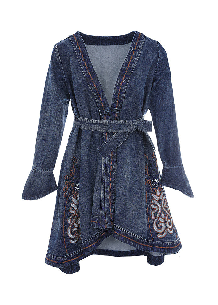 WW | Blaues V-Ausschnitt Besticktes Tailliertes Baumwoll-Denim-Trenchcoat Mit Langen Ärmeln