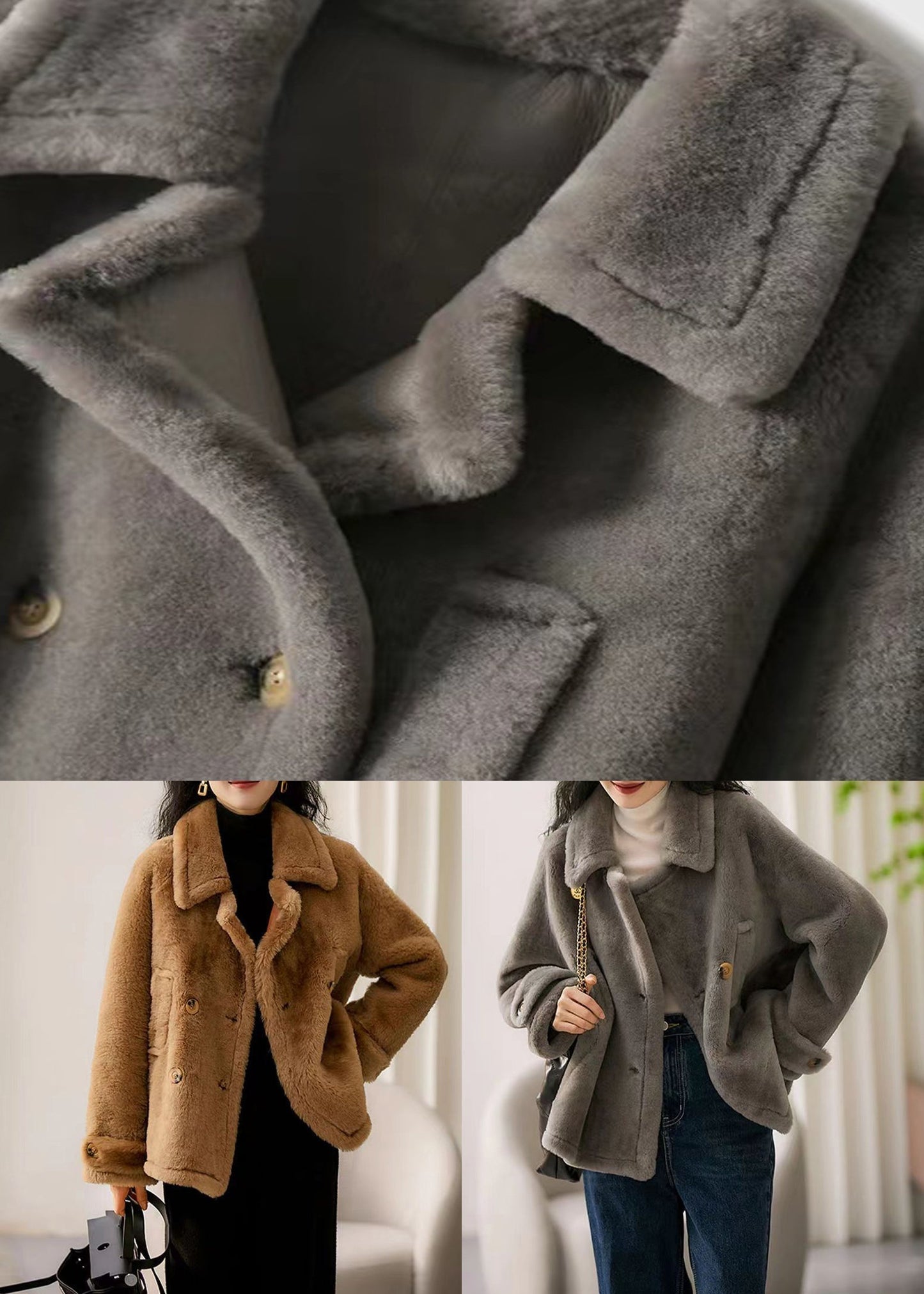 WW | Grauer Peter-Pan-Kragen Taschen Patchwork Wollmäntel Winter