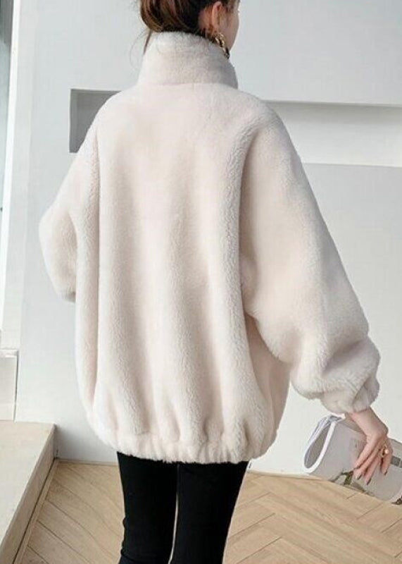 WW | Milky White Stand-Up Collar Zipper Mink Coats