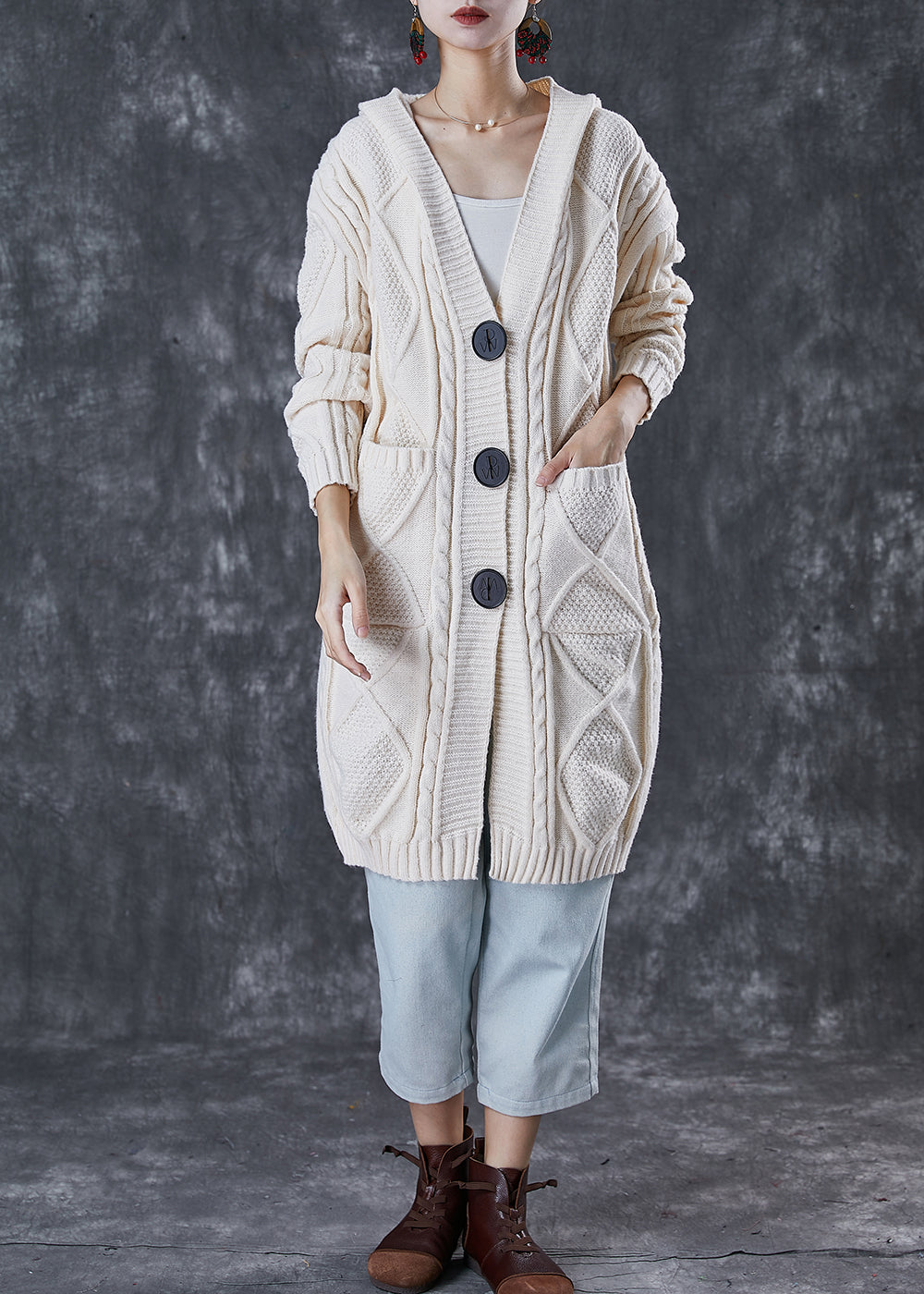 WW | White Hooded Pocket Cable Knit Coats Winter