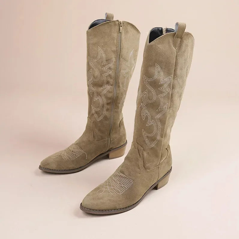 WW | Stylish Women's Suede Cowgirl Boots with Embroidery and Block Heel – Beige and Pink