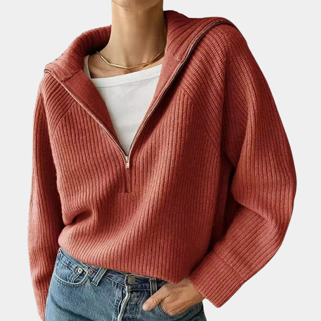 WW | Halbem Reißverschluss Lockere Passform V Ausschnitt Strickpullover Winterbekleidung für Damen