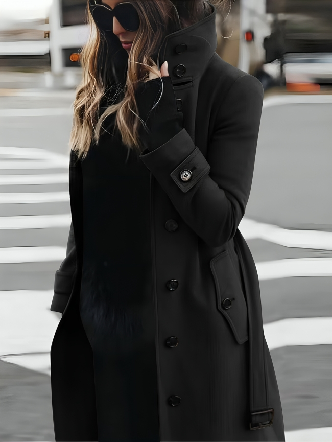 WW | Long Coat Slim Fit Double Breasted High Collar Belted Waist