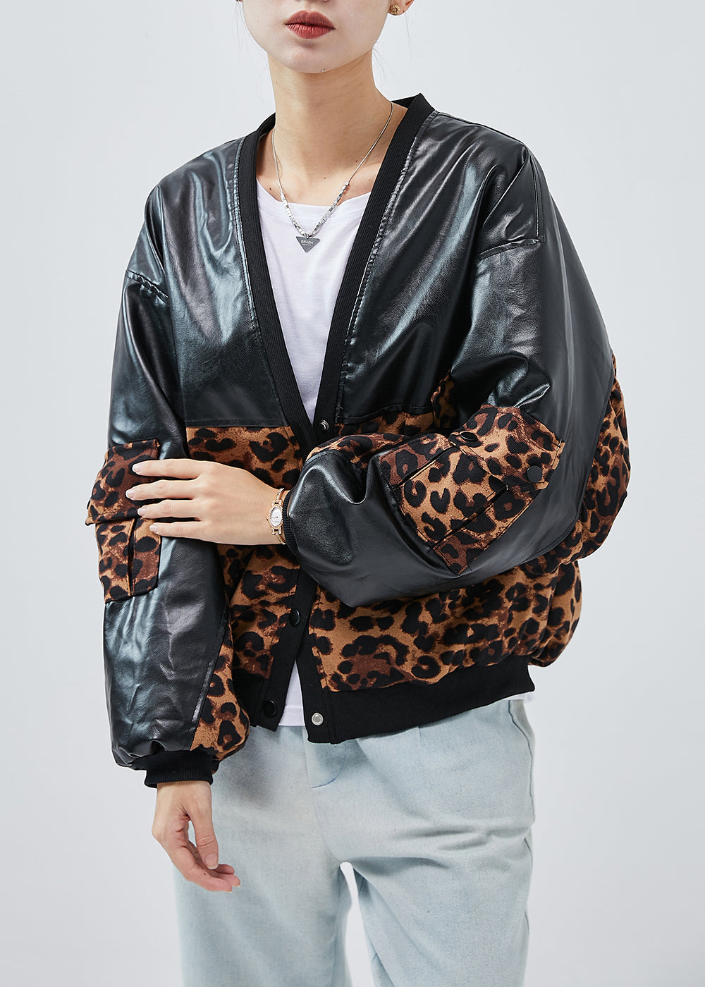 WW | Black Oversized Patchwork Leopard Faux Leather Coats