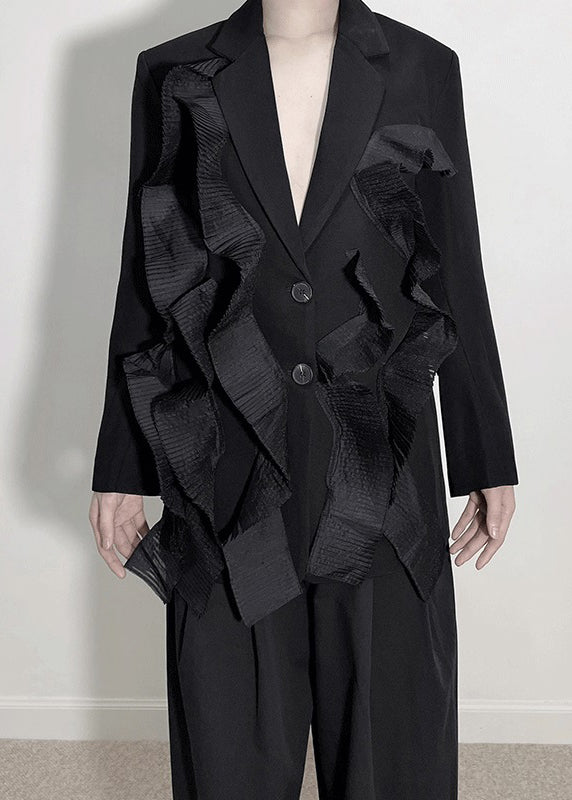 WW | Schwarzer V-Ausschnitt Patchwork-Mäntel und weite Hosen Zwei-Teile-Set Langarm