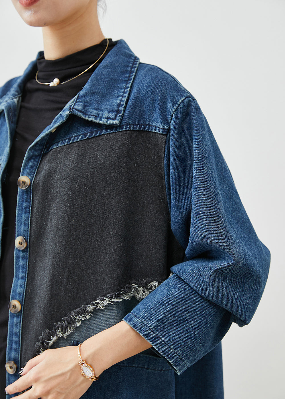 WW | Blue Asymmetrical Patchwork Denim Trench Coats