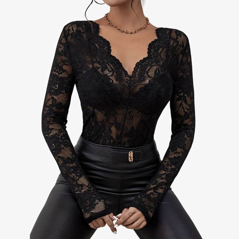 WW | Elegantes V-Ausschnitt Top Mit Langen Ärmeln Und Spitze Für Damen