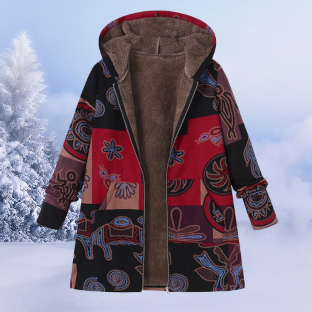 WW | Winter Coat Warm Fleece Lining Hood Floral Pattern Mid-Length Model