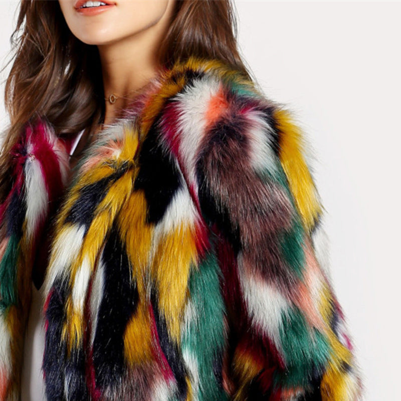 WW | Women's Faux Fur Coat – Plus Size – Mid-Length – Patchwork Fluffy Texture