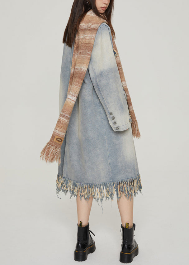 WW | Blue Tassel Pocket Patchwork Denim Long Coats