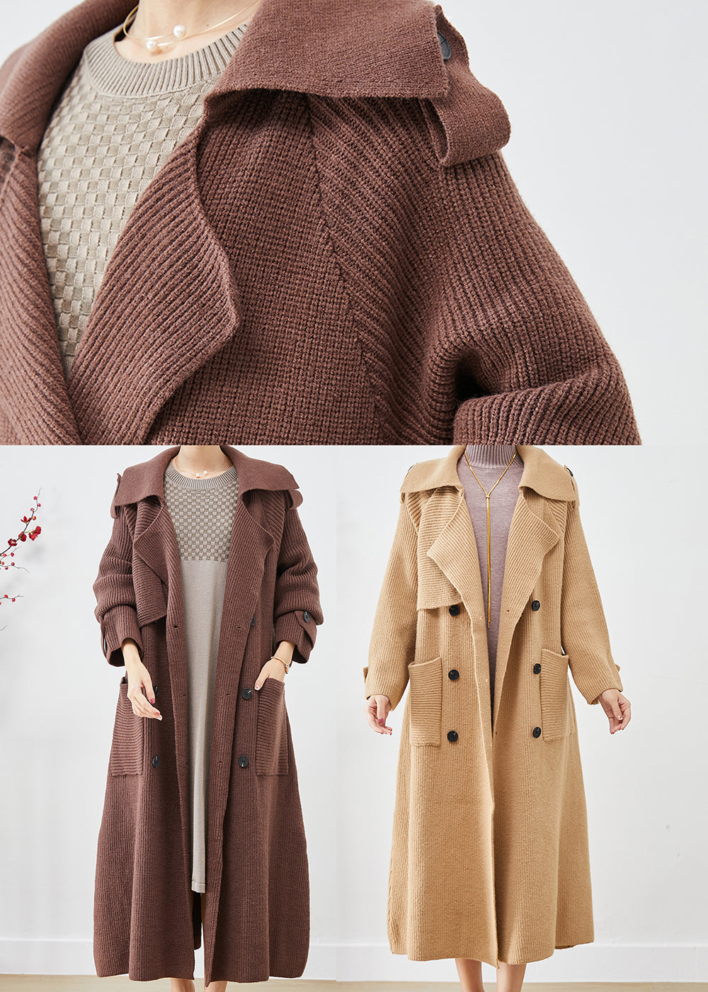 WW | Khaki Doppelreihige Taschen Strick-Trenchcoats