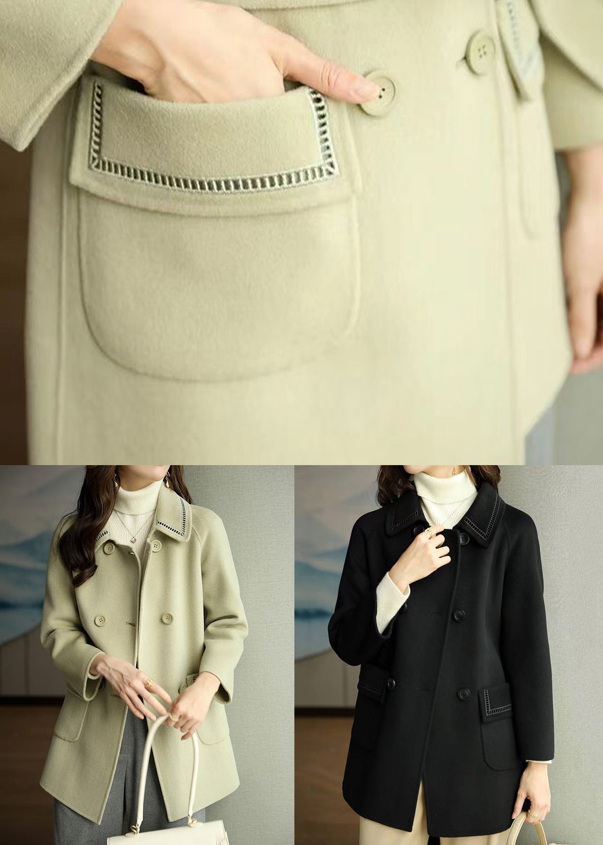 WW | Light Green Peter Pan Collar Pockets Wool Coats Winter