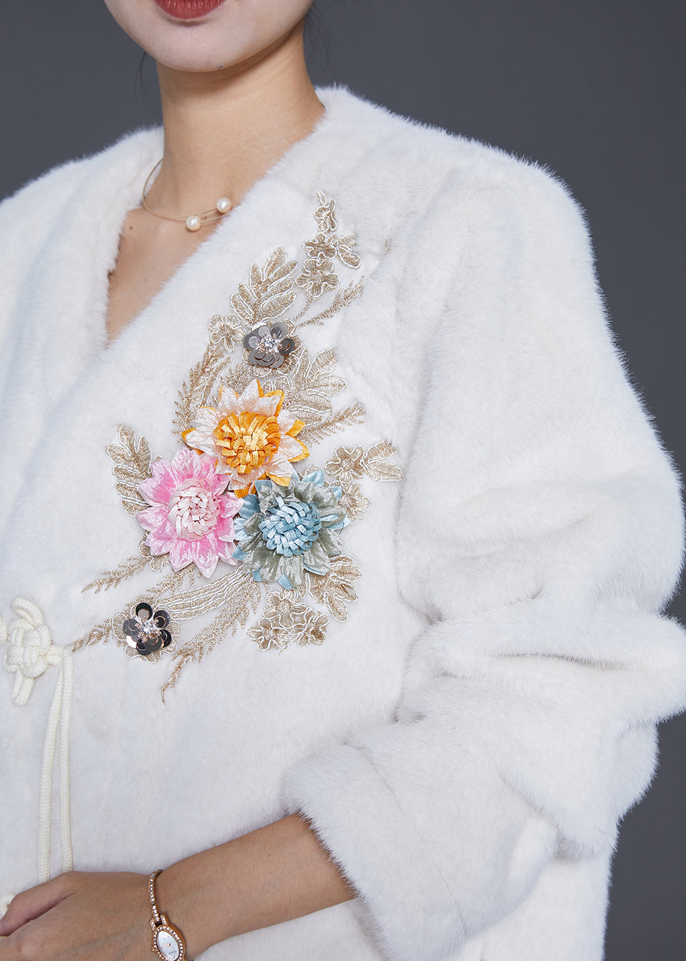 WW | White Chinese Button Floral Faux Fur Jackets Winter