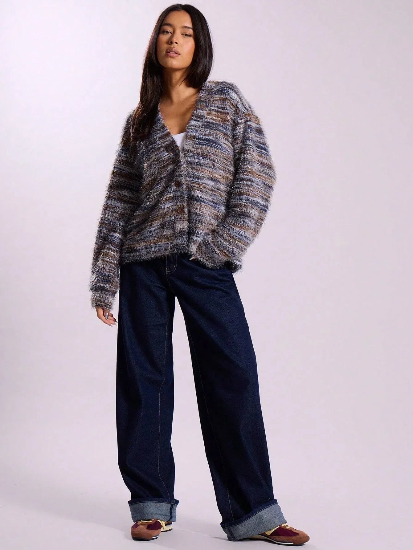 WW | Damen Multicolor Gebrachte Strickjacke mit Knopfverschluss und Langen Ärmeln