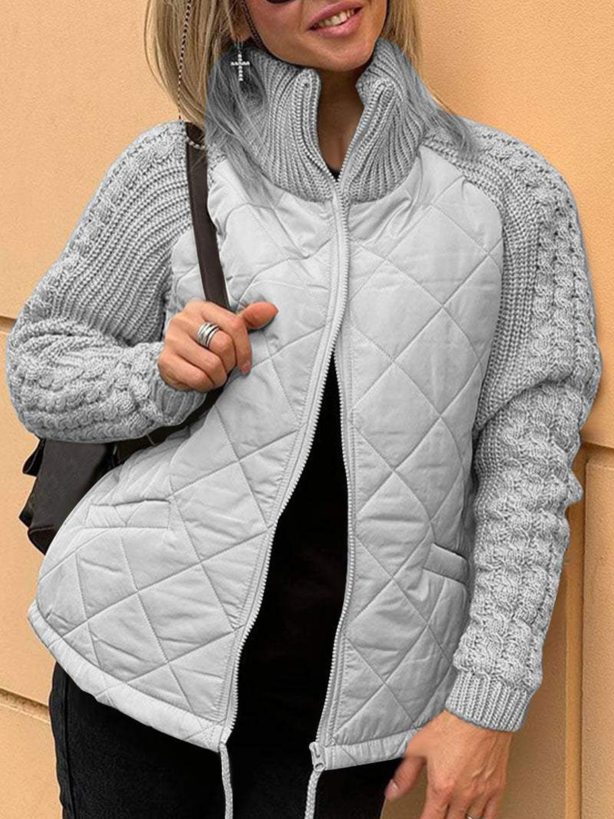 WW | Damen Strick-Winterjacke mit Reißverschluss und gestepptem Vorderteil