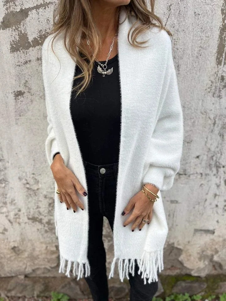 WW | Damen Warme Lange Winterjacke mit Fransen und Lockerer Passform
