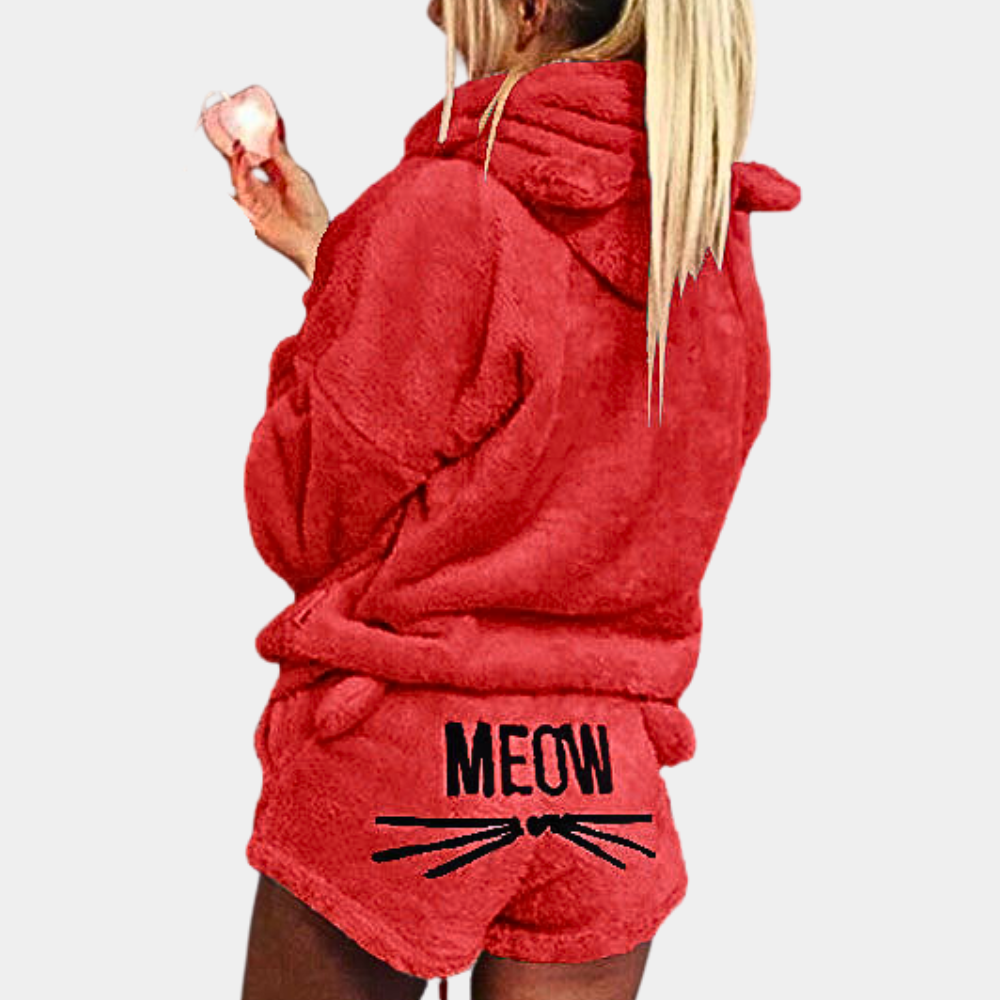 WW | Women's Pyjama Set with Hood & "Meow" Print - Fluffy Two-Piece for Autumn & Winter