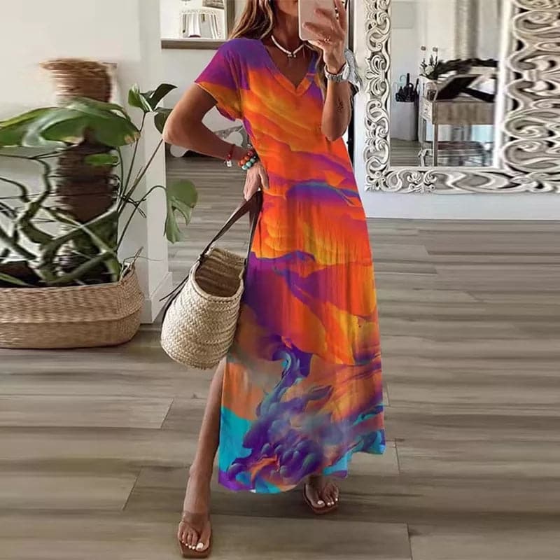 WW | Buntes Maxi-Kleid mit V-Ausschnitt