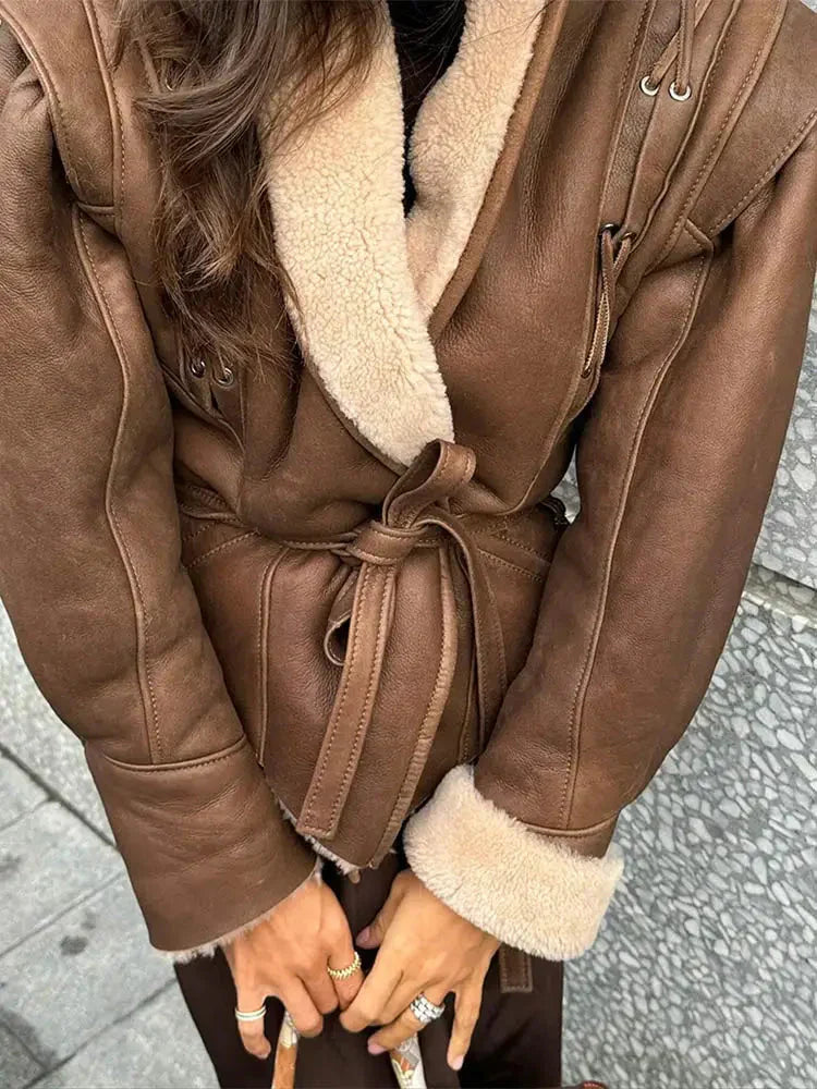 WW | Lederjacke Braun Gürtel Futter Aus Pelz Lederjacke Damen Lederjacke