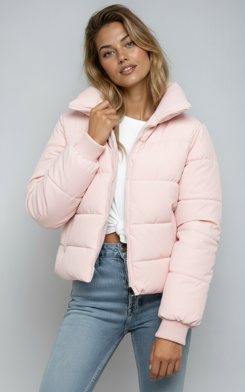 WW | Damen Casual Kurze Gepolsterte Pufferjacke mit Reißverschluss und Taschen