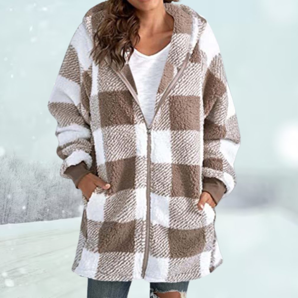 WW | Karierte Damenjacke mit Kapuze und Reißverschluss mittellanges Fleecejacke