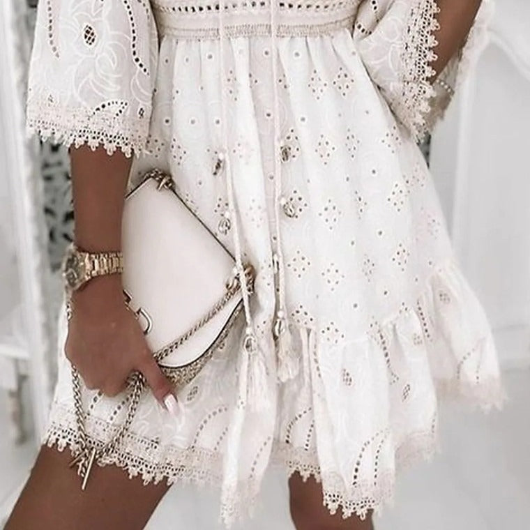 WW | Boho-Spitzenbesticktes Kleid mit Ausladenden Ärmeln für Damen