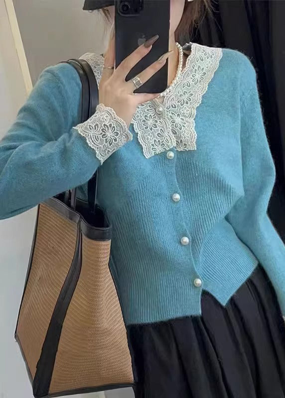 WW | Apricot Buttoned Lace Patchwork Cotton Knit Cardigans