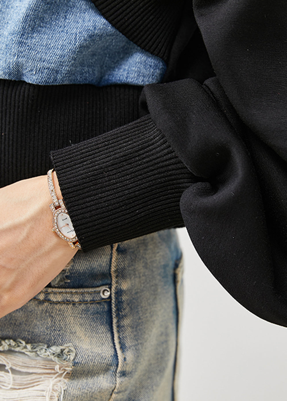 WW | Schwarze Übergroße Patchwork Denim Fake Zwei Stück Mäntel