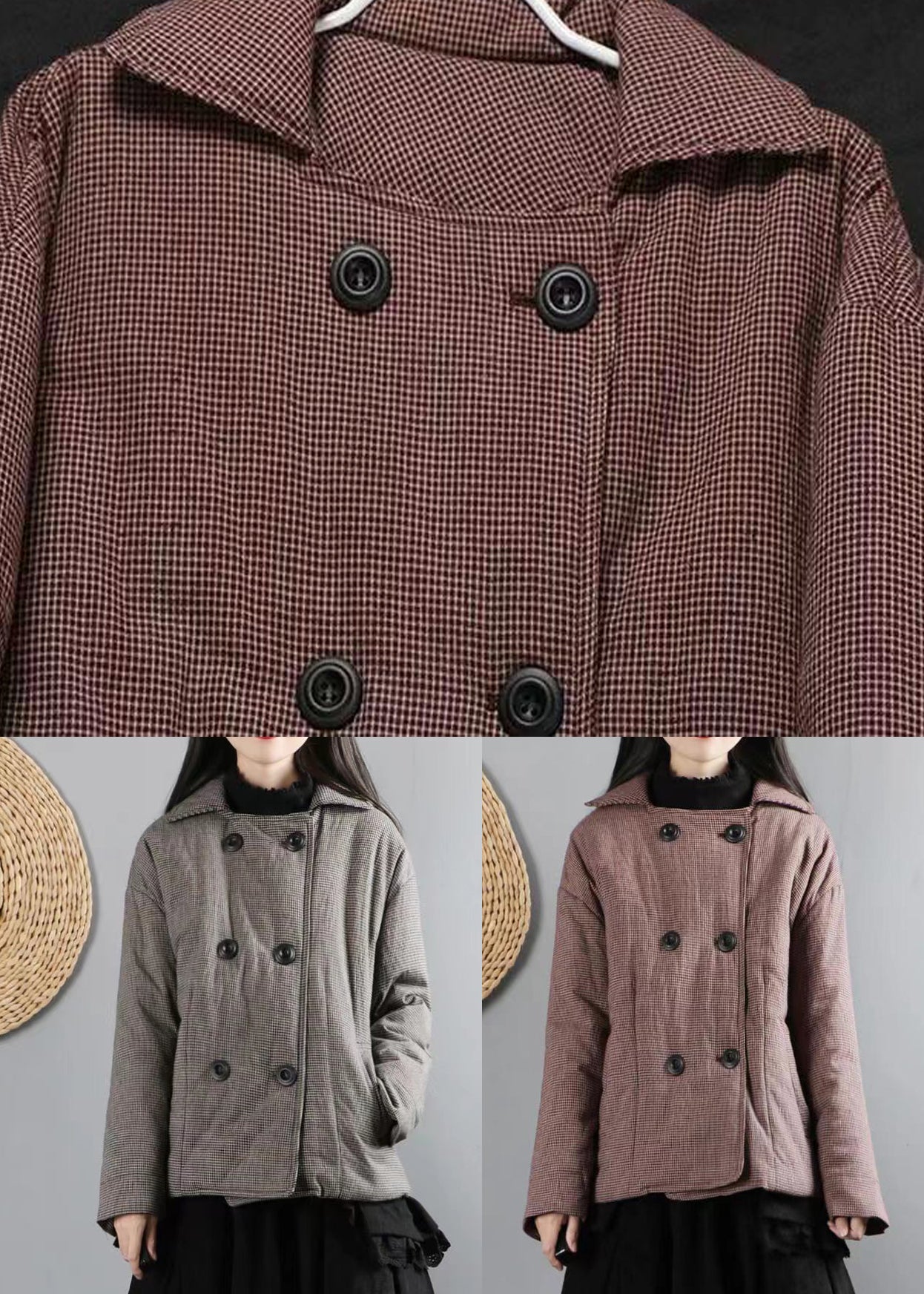 WW | Schwarze Karierte Taschen Doppelt Brust Patchwork Baumwollgefüllte Mäntel Winter