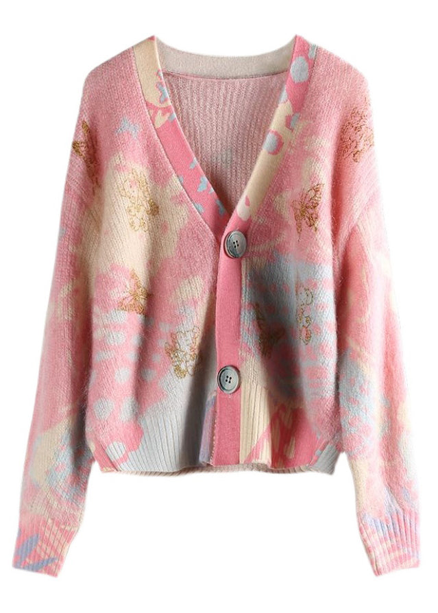 WW | Pink V-neck Button Patchwork Cotton Knit Coats Long Sleeve