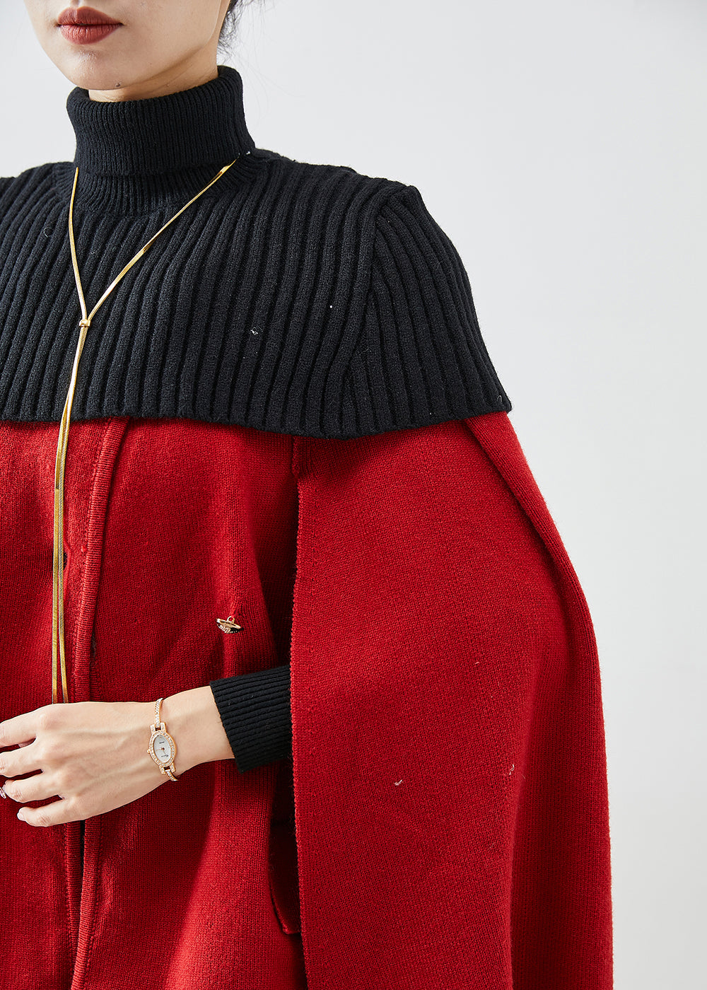 WW | Red High Neck Knit Patchwork Wool Coats Cape Sleeves