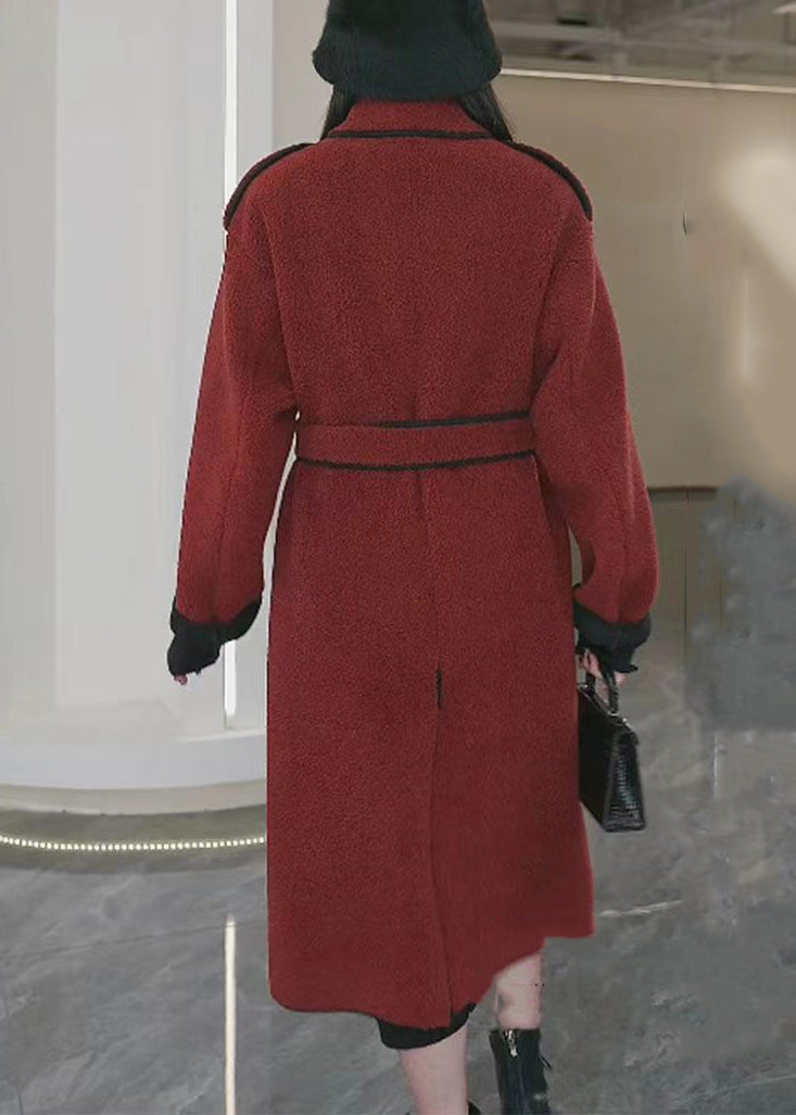 WW | Rust Tie Waist Pockets Patchwork Thick Wool Coats Winter