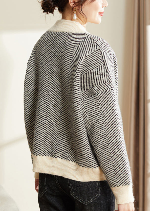 WW | Striped V-neck Button Patchwork Knit Coats