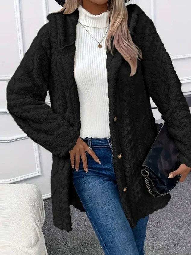 WW | Übergröße Kapuzenlange Jacke aus strukturiertem Fleece - Gemütlicher Wintermantel für legeren Stil