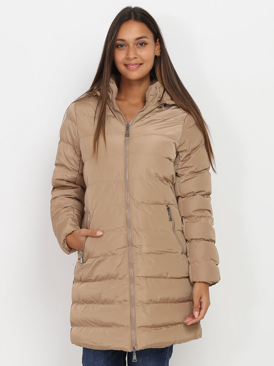 WW | Women's Quilted Coat – Insulated Padding – Thigh Length – With Hood – With Zip Pockets