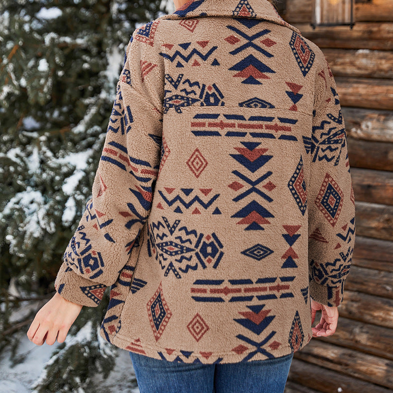 WW | Damen Oversized Plüsch Jacke Fuzzy Geometrisches Muster