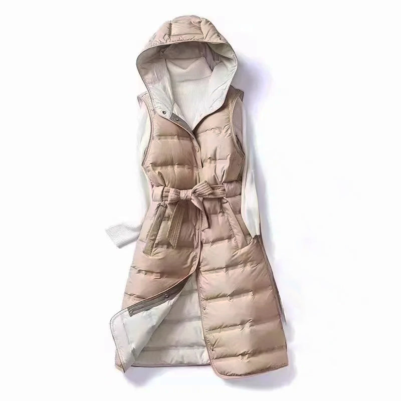 WW | Women's Lined Long Vest with Hood and Waist Belt