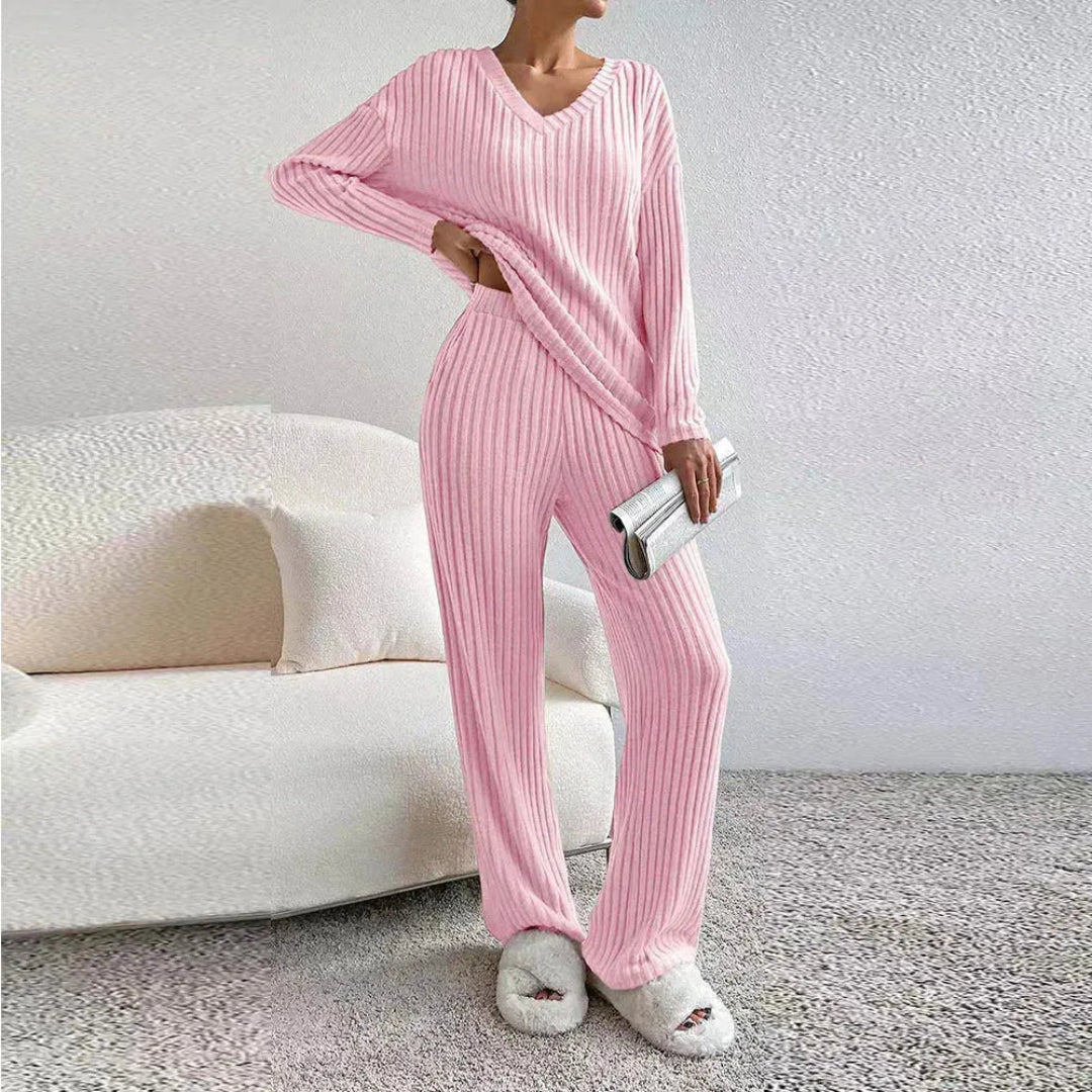 WW | Zweiteiliges Loungewear-Set aus Baumwollmischung mit V-Ausschnitt und Weitbeinhosen
