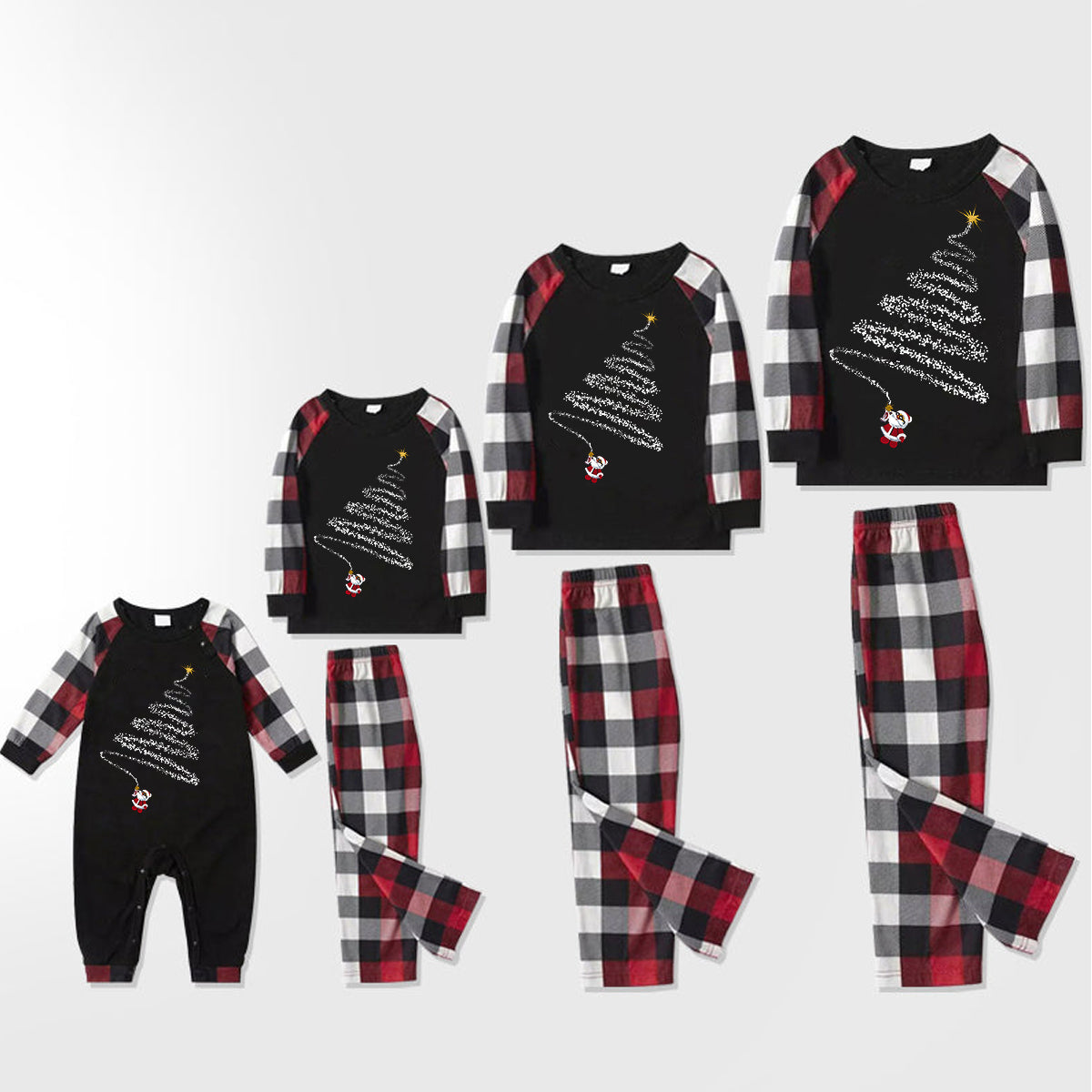 WW | Weihnachtsmütze und 'Believe' Buchstabenprint gemusterte Karo-Ärmel Kontrastoberteile und rote & schwarze & weiße Karohosen Familien-Pyjama-Set mit Hundebandana