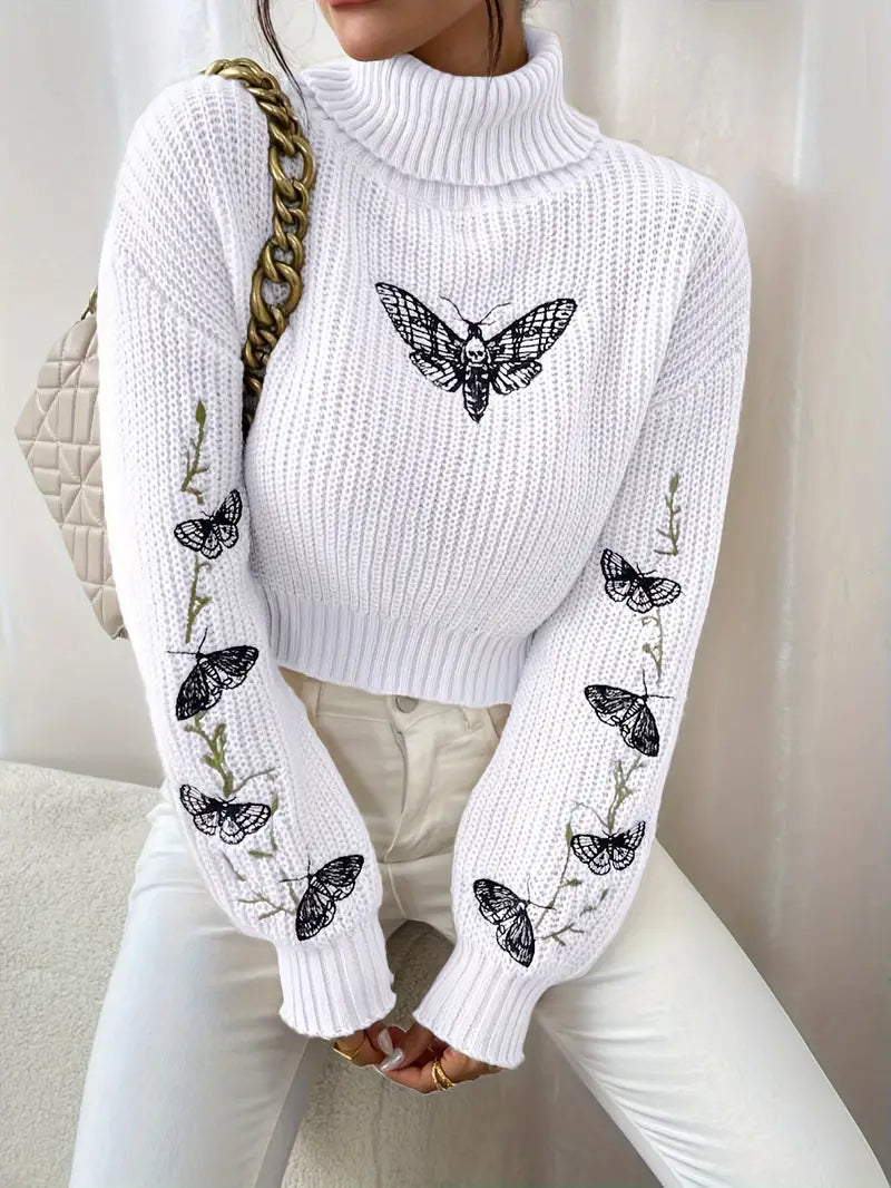 WW | Pullover with Butterfly Pattern and High Collar - Elegant Women's Fashion