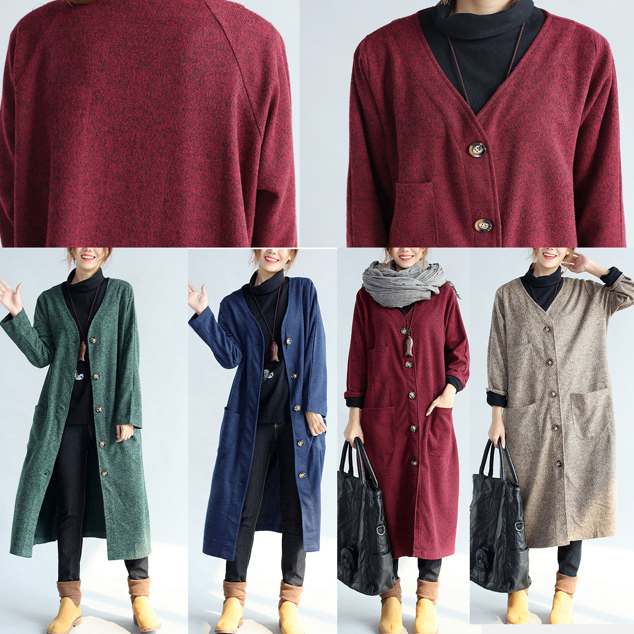 WW | Winter warm navy Baumwoll-Trenchcoats wollene lockere Taschen V-Ausschnitt Cardigans